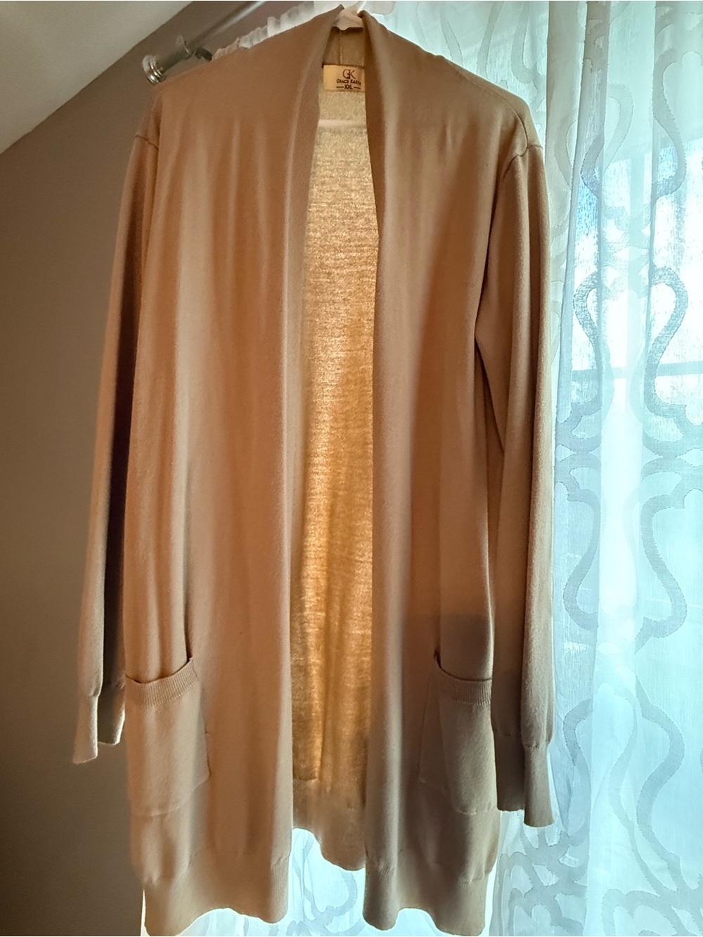 Zenana Outfitters Long Open-Front Cardigan in Camel Tan
